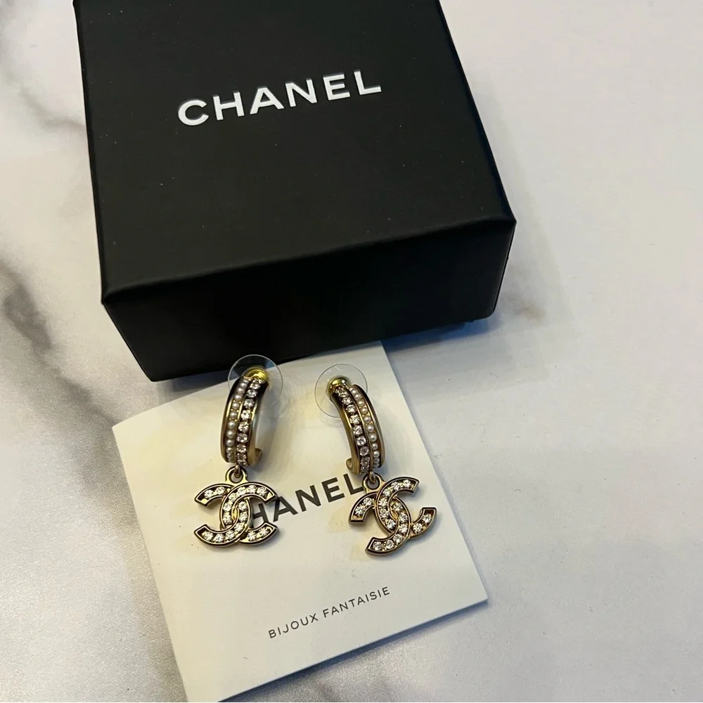 CHANEL Gold and Pearl Crystal CC Drop Earrings
